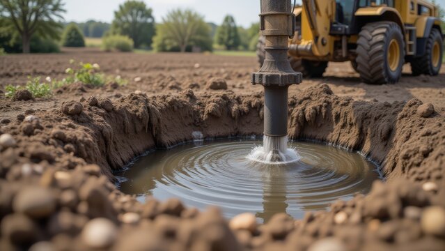 Drilling Water Well with Auger Machine in Field: Water Extraction, Ground Exploration, and Agricultural Irrigation
