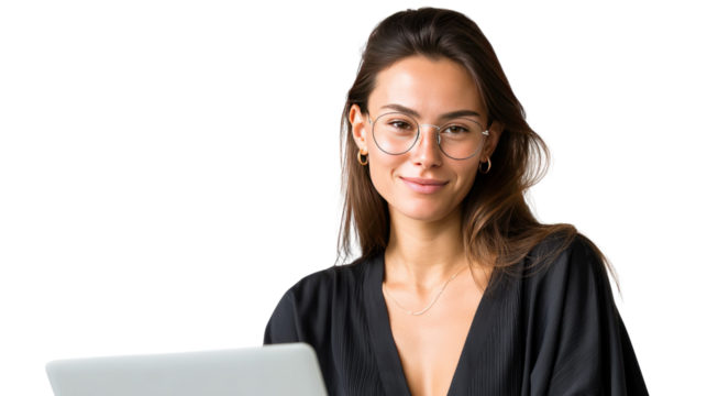 Elegant Professional with Laptop: A stylish businesswoman, sporting elegant eyewear, engages confidently with her laptop in a clean, modern setting, ready to conquer the day's challenges.