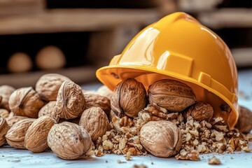 Hard hat overturned with scattered walnuts on a wooden surface in a workshop setting during daytime