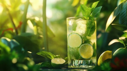 Refreshing mint lime mojito tropical oasis drink photography vibrant setting close-up beverage concept