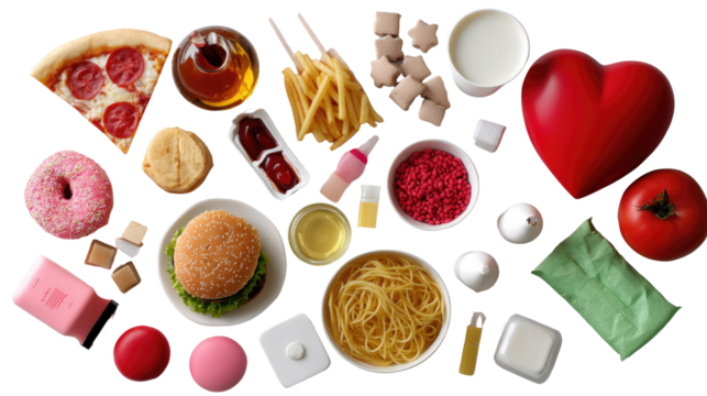 Dietary Dilemma: A meticulously curated array of contrasting foods juxtaposed with a symbol of the heart, visually conveying the complex relationship between dietary choices and health outcomes.