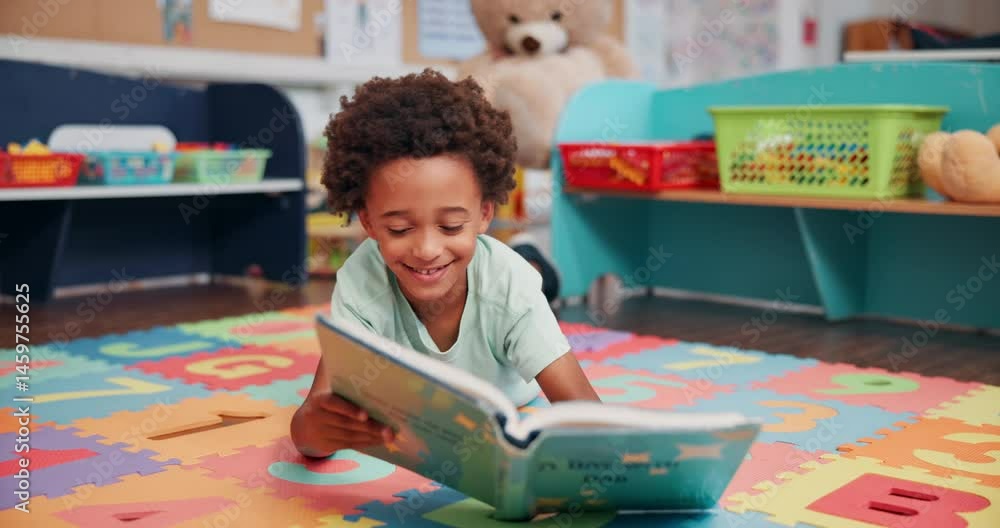 Poster boy, student and face for reading book in school, learning english and language development at acade