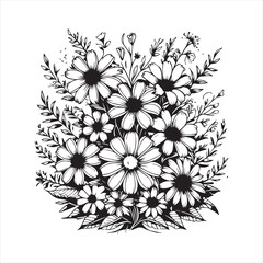 Black and White Floral Vector Design,Hand Drawn Flower Illustration,Vintage Flower Line Art,Botanical Flower Clipart Design,Floral Bouquet Outline Drawing,Elegant Flower Sketch Vector
