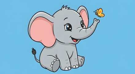 Obraz premium AI image of an adorable baby elephant sitting, smiling happily as a yellow butterfly flutters near its raised trunk.