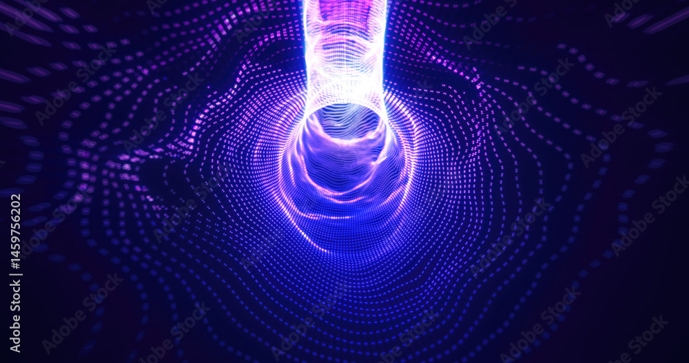 Poster abstract tunnel of glowing purple dots forming a vortex-like design, futuristic digital visualizatio