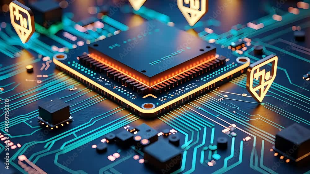 Poster close-up of a microprocessor on a printed circuit board with digital security icons, highlighting te