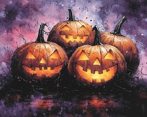Naklejka premium Glowing jack-o'-lanterns nestled together