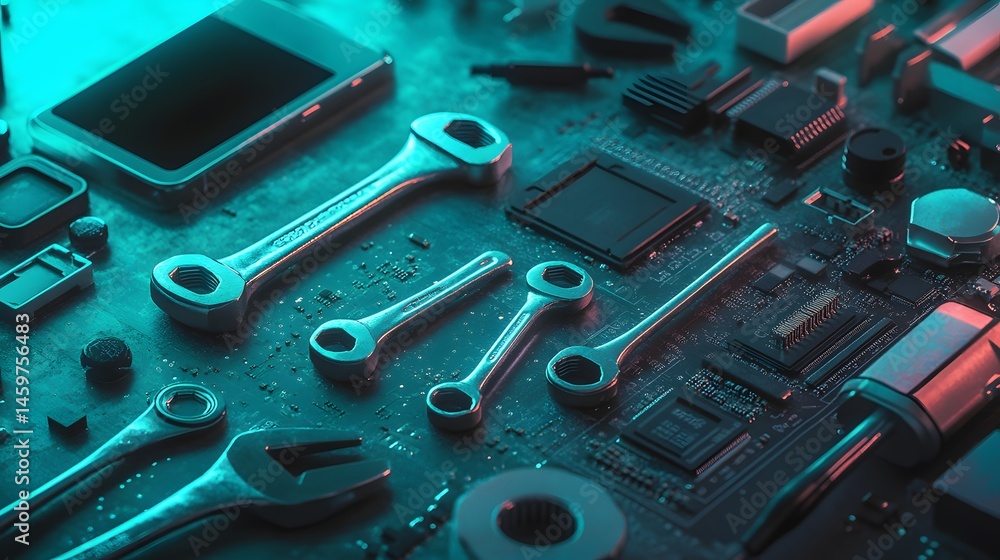 Poster abstract composition of tools and circuit board components.