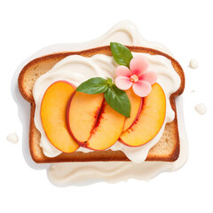 Delicious slice of bread topped with creamy yogurt, fresh peach slices, and a pink flower, featuring a soft focus background