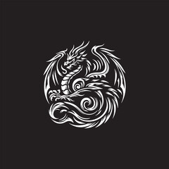 Intricate Tribal-Style Dragon Design in Black and White Art Style