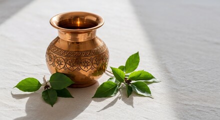 Copper kalash with tulsi leaves on white fabric background