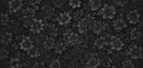 Fototapeta premium Intricate small charcoal floral wallpaper, seamless dark pattern, wall, design, botanical