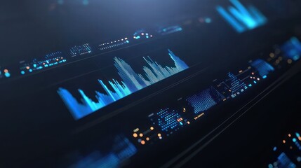Futuristic Data Visualization: Abstract Digital Interface Displaying Dynamic Blue Graphs and Charts on a Dark Background
