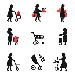 Women shopping, strolling, and childcare; city background; retail icons