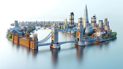 Fototapeta premium Modern city skyline reflection on calm water surface with iconic buildings high resolution background