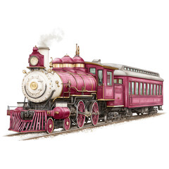 Vintage steam train locomotive with passenger car emits smoke on white