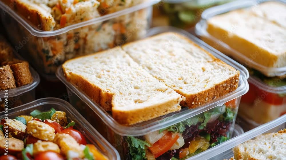 Poster a table filled with plastic containers containing various types of sandwiches