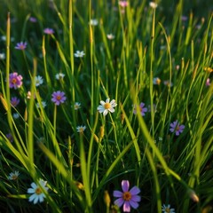 Close-up of wildflowers in a lush green meadow, bathed in sunlight.