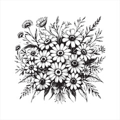 Black and White Floral Vector Design,Hand Drawn Flower Illustration,Vintage Flower Line Art,Botanical Flower Clipart Design,Floral Bouquet Outline Drawing,Elegant Flower Sketch Vector