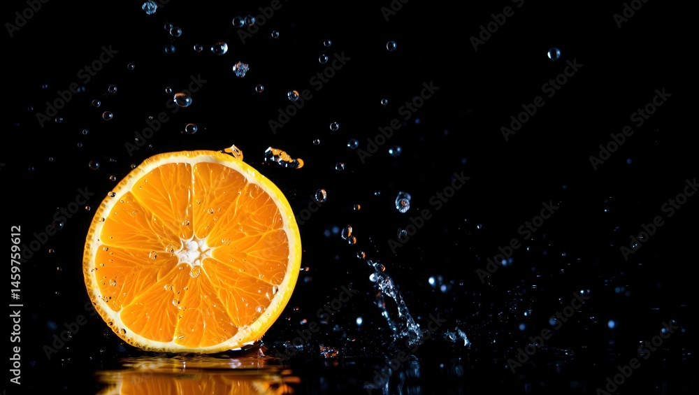 Poster a slice of orange falling into water, creating droplets.