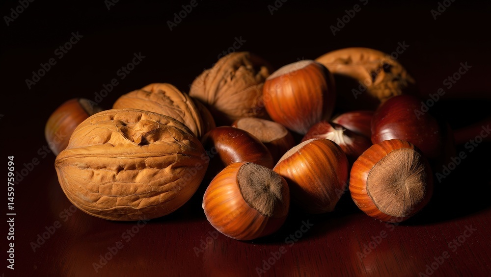 Poster a collection of nuts on a table.