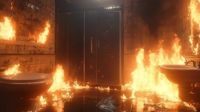 Flames rage through a bathroom, with fire engulfing the toilet, sink, and shower area. the risk of structural failure or electrical hazard in wet areas, emphasizing the need for safety awareness.