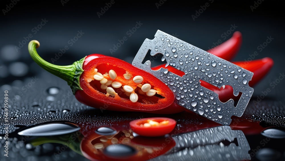 Poster a red pepper cut in half with a pair of scissors resting on top, surrounded by droplets of water.