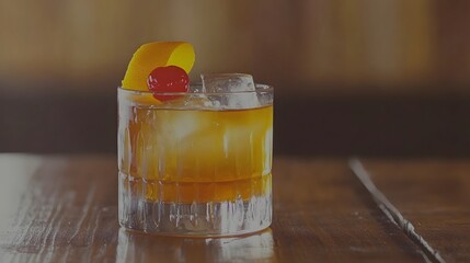 Close-up of an amber colored cocktail drink.