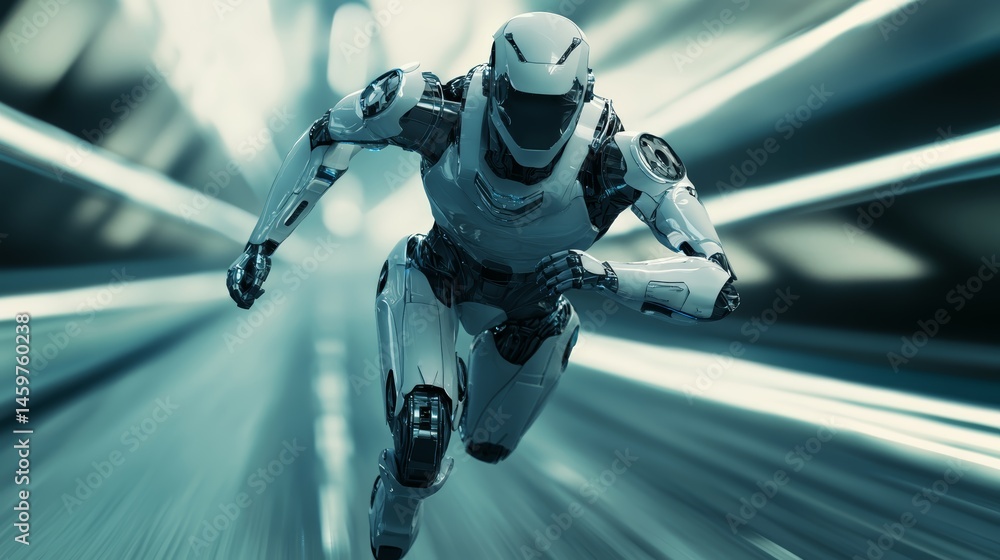 Poster ultra realistic photography one a robot machine or android wins a race with a human and finishes fir