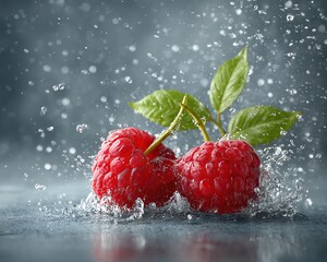 Raspberry Splash Photography with high-speed capture of berries bursting through water in luxury dark tone with dramatic lighting