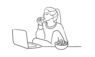 Girl eating chips and watching laptop line art, isolated on white background. Relaxing at home, watching movies. Vector illustration