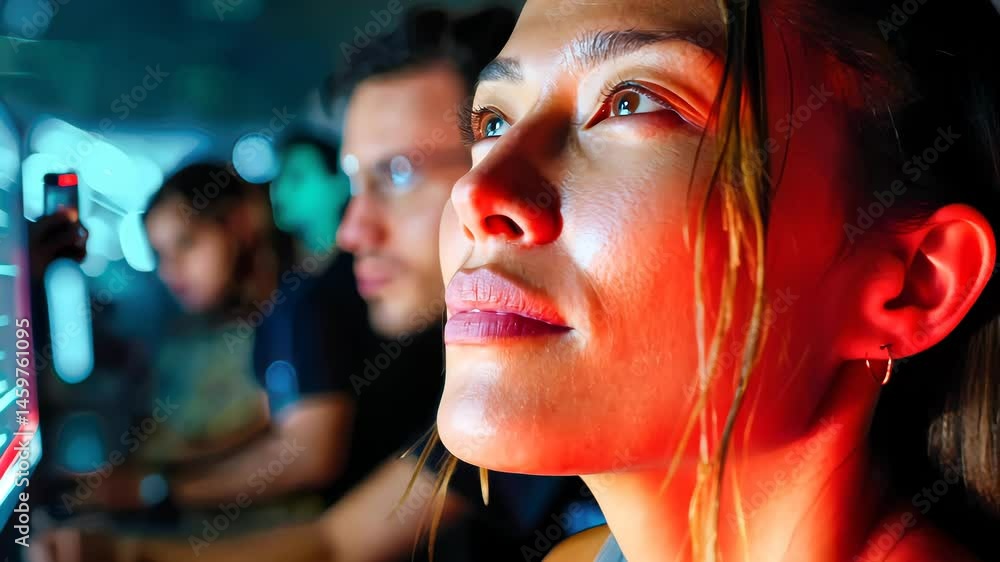 Poster focused woman illuminated by red light coding on a computer screen in a dark room, symbolizing moder