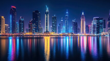 Night cityscape, colorful skyscrapers reflected in water.