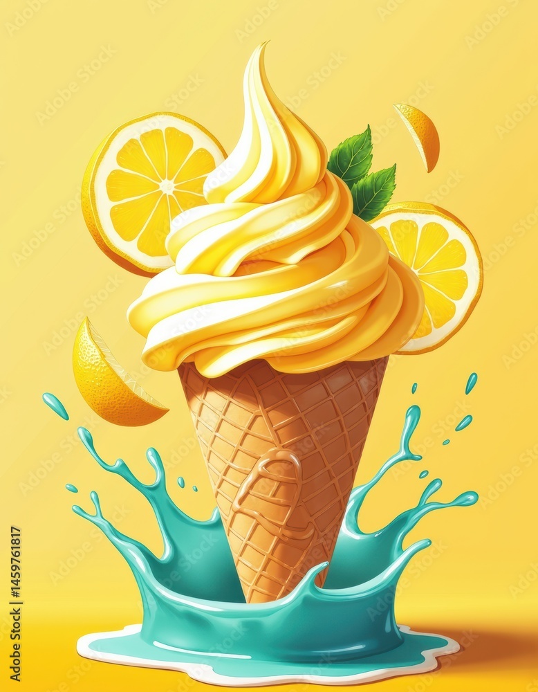 Poster refreshing lemon soft serve ice cream cone with splashes of water