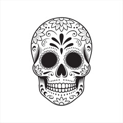 Sugar Skull Vector Illustration with Floral Design,Day of the Dead Skull Outline Art,Decorative Skull Drawing with Floral Patterns,Mexican Sugar Skull Line Art,Black and White Sugar Skull Vector