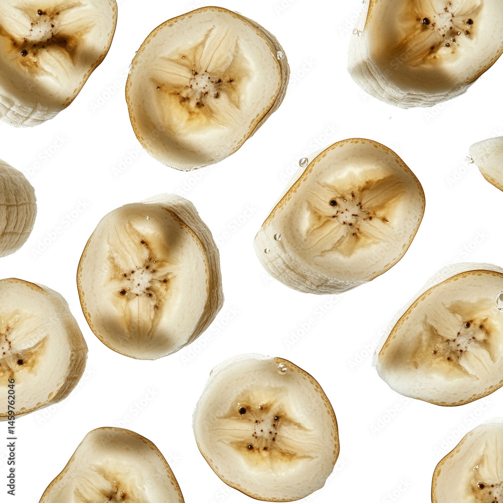 Poster captivating seamless pattern of fresh banana slices on a clean white surface