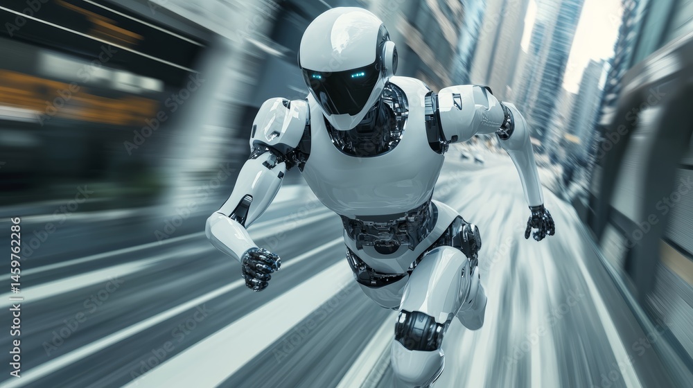 Poster ultra realistic photography one a robot machine or android wins a race with a human and finishes fir