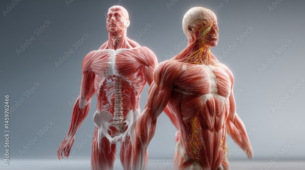 Poster this anatomical rendering illustrates the intricate details of human musculature and skeletal framew