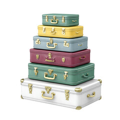 A stack of colorful vintage suitcases are arranged on a white background.