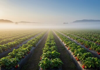 Aerial view of strawberry field with fog and rows of plants under a blue sky in the early morning