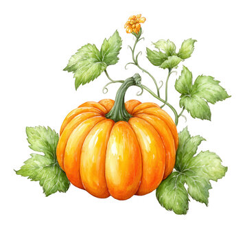 An autumn pumpkin with green leaves and flower is hand painted artwork.