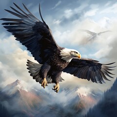 Obraz premium Majestic bald eagle soars through atmospheric skies, embodying freedom and strength