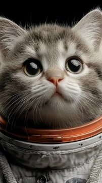 Adorable British Shorthair kitten in a space suit with a wide-eyed innocent expression, portraying a charming astronaut character ready for a space adventure. Perfect for sci-fi and fantasy visuals.