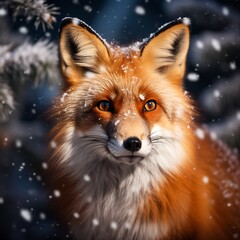 Fototapeta premium Enchanting winter portrait of a red fox amidst falling snowflakes in a forest
