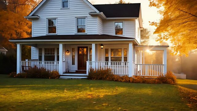 Charming White Colonial House with a Porch Surrounded by Vibrant Autumn Foliage, Bathed in Soft Sunset Light on a Peaceful Residential Street

