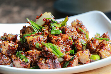Stir fried Crispy Pork with black pepper , Thai food, close-up view.