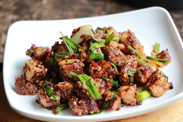 Stir fried Crispy Pork with black pepper , Thai food, close-up view.