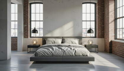 A modern bedroom showcases exposed brick walls, large industrial windows, and a minimalist platform bed with hanging pendant lights, creating a stylish and spacious urban living space.