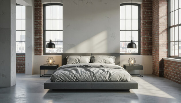 A modern bedroom showcases exposed brick walls, large industrial windows, and a minimalist platform bed with hanging pendant lights, creating a stylish and spacious urban living space.