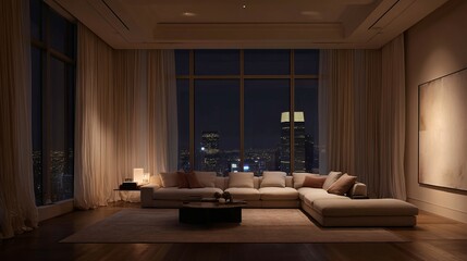 Fototapeta premium Living room with large window overlooking city at night warm lighting.